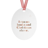 I Run on Books and Christmas Cheer Metal Christmas Ornaments | Durable White Aluminum | 4 Shapes Available